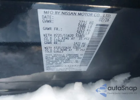 2016 Nissan Pathfinder Platinum z USA, uszkodzony, nr VIN 5N1AR2MM0GC632682